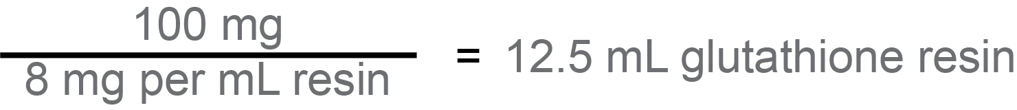 equation: 100 mg over 8 mg per ml resin = 12.5 mL glutathione agarose resin